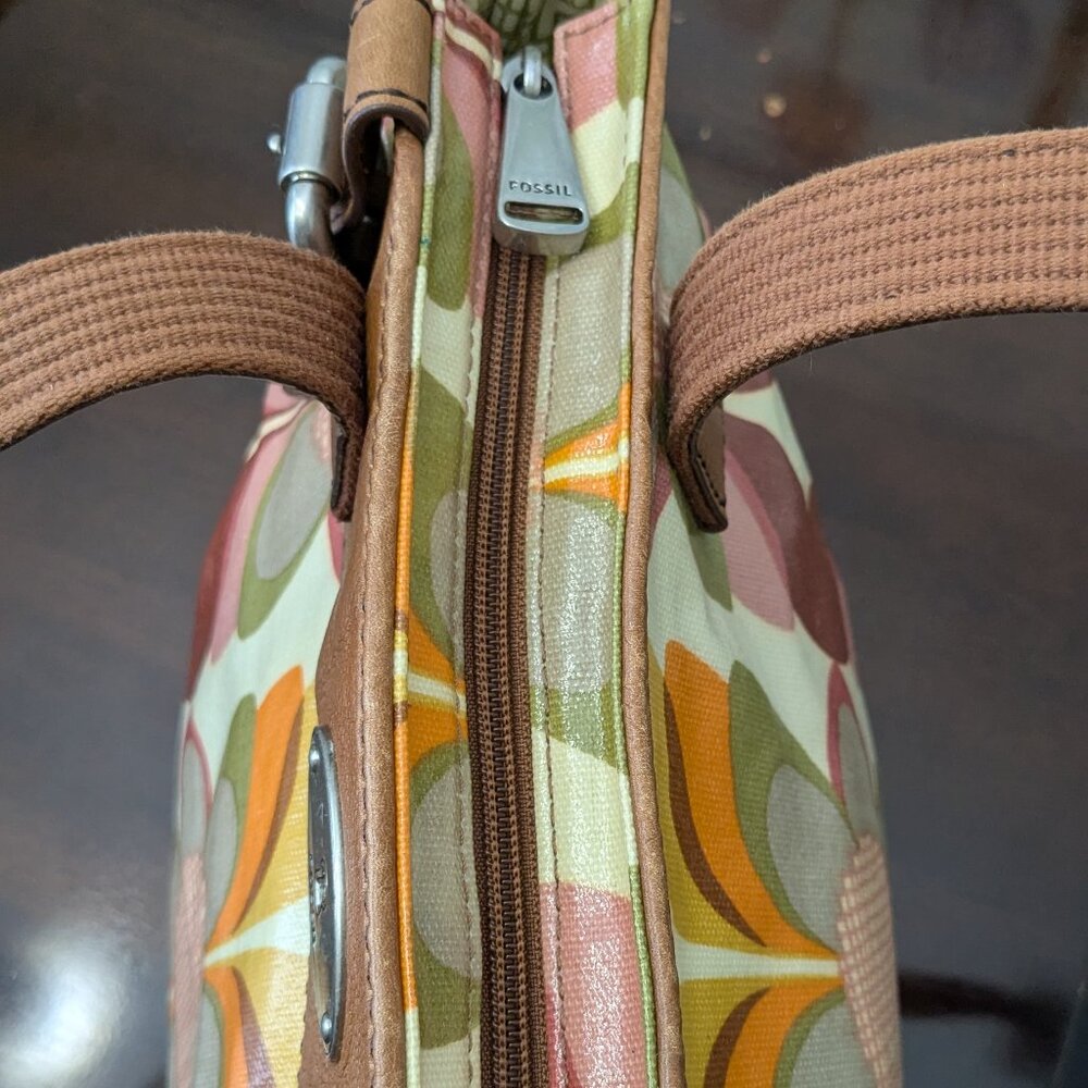 Vintage Fossil KeyPer Vibrant Floral Coated Canvas and Brown Leather Tote Should - Picture 11 of 16